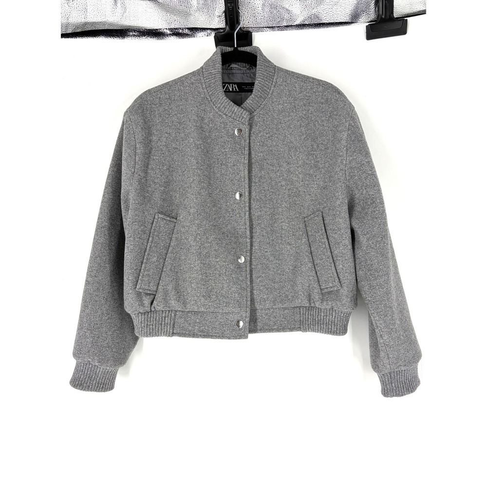 Zara Womens Grey Wool Blend Cropped Bomber Jacket Size S Ribbed Snap Front